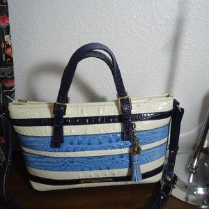 Brahmin Regatta Vineyard Striped Mel Leather Mini Asher Blue Cream Tassel As Is